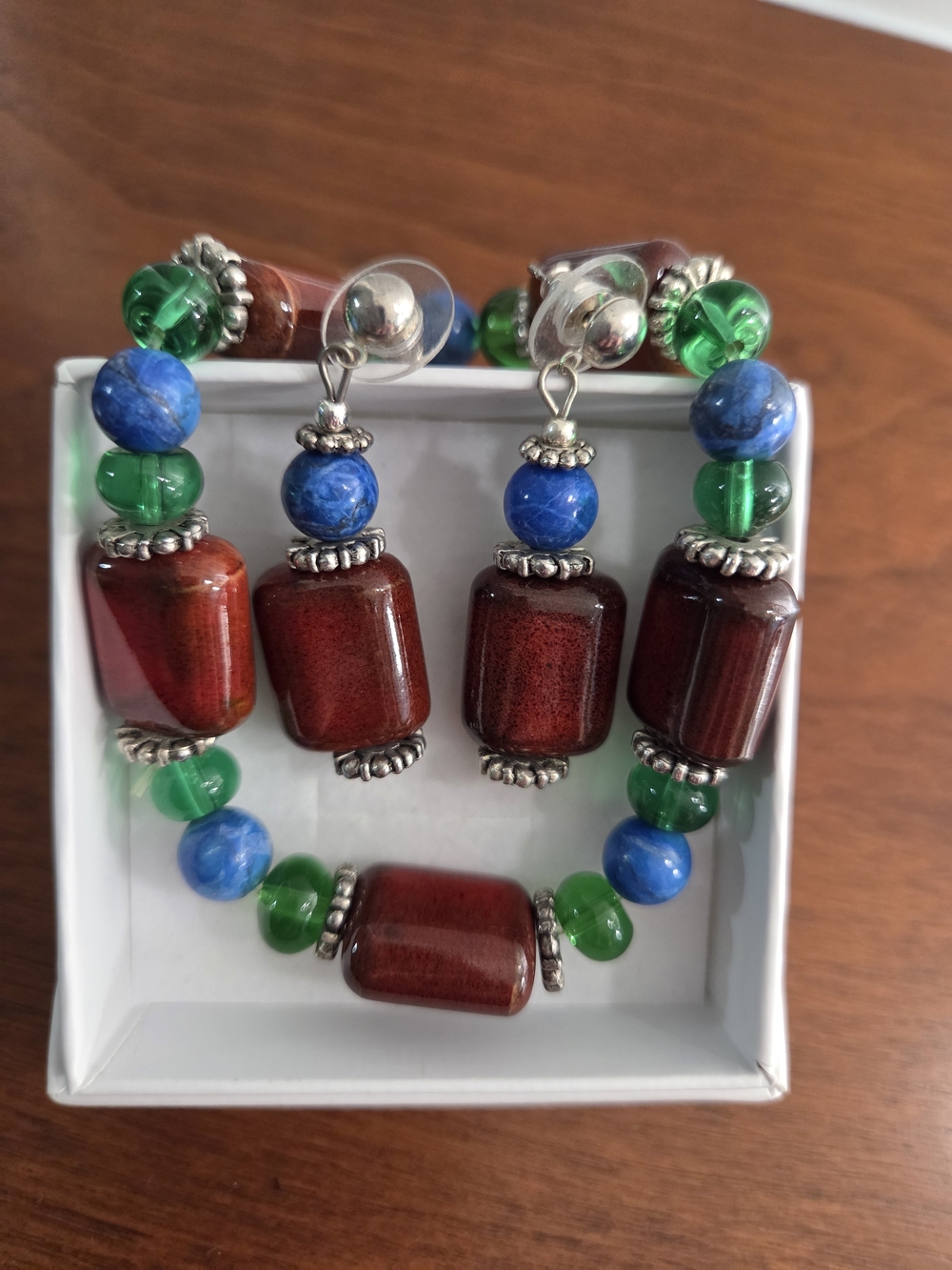 Handcrafted Blue, Green & Wood Beaded Bracelet and Earrings Set